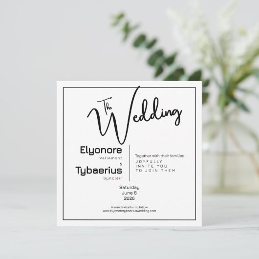 Black & White Minimal Square Wedding Invitation Kaart (Staand voorkant)