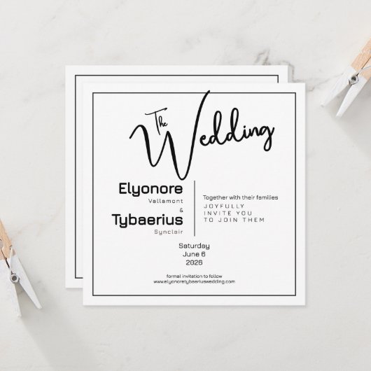 Black & White Minimal Square Wedding Invitation Kaart (Voorkant / Achterkant in situ)