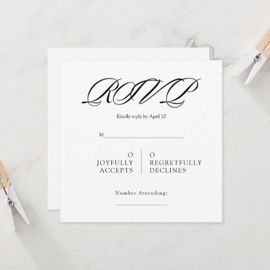 Black& White Minimal Square Wedding RSVP Kaart (Voorkant / Achterkant in situ)