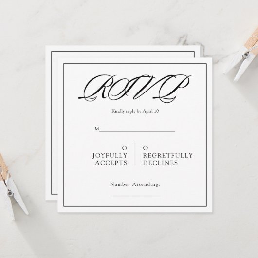 Black& White Minimal Square Wedding RSVP Kaart (Voorkant / Achterkant in situ)