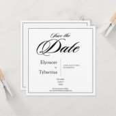 Black & White Minimal Square Wedding Save the Date Kaart (Voorkant / Achterkant in situ)