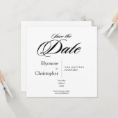 Black & White Minimal Square Wedding Save the Date Kaart (Voorkant / Achterkant in situ)