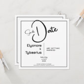 Black & White Minimal Square Wedding Save the Date Kaart (Voorkant / Achterkant in situ)