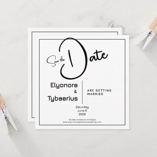 Black & White Minimal Square Wedding Save the Date Kaart (Voorkant / Achterkant in situ)