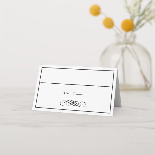 Black White Minimalist Flourish Wedding Place Card Plaatskaartje (Voorkant)
