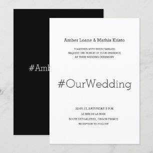 Black White Minimalist Modern Chic Hashtag Wedding Kaart