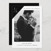 Black White Minimalist Monogram Photo Celebrate Save The Date (Voorkant / Achterkant)