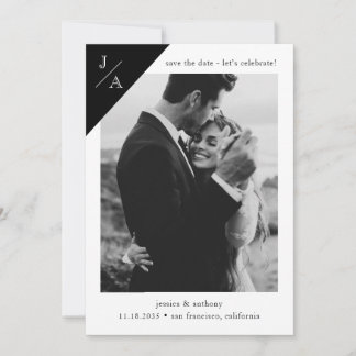 Black White Minimalist Monogram Photo Celebrate Save The Date