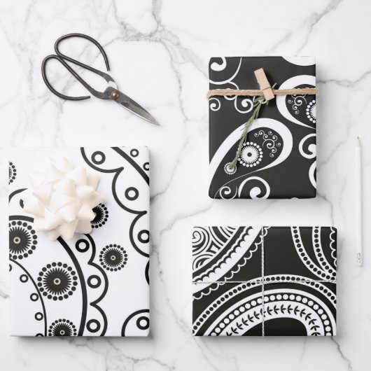 Black White Minimalist Paisley Inpakpapier Vel (Voorkant)