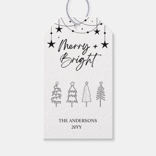 Black White Minimalist Pine Trees Kerstmis Cadeaulabel (Voorkant)