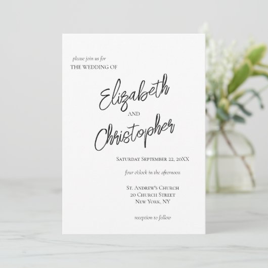 Black White Minimalist Script Calligraphy Wedding Kaart (Staand voorkant)