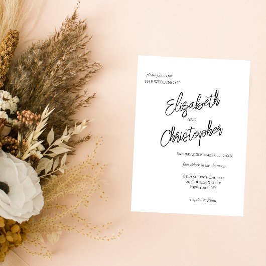 Black White Minimalist Script Calligraphy Wedding Kaart