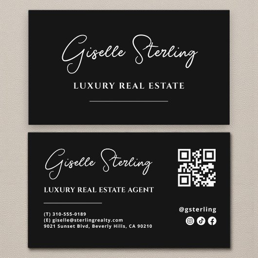 Black White Minimalist Script QR Code Visitekaartje