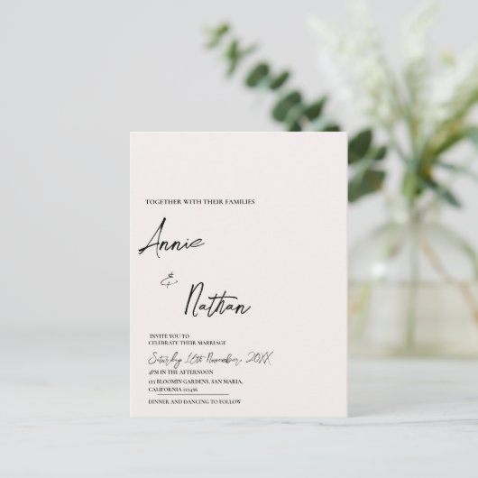 Black White Minimalist Script Wedding Invitation Briefkaart (Staand voorkant)