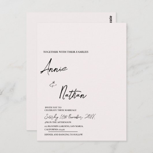 Black White Minimalist Script Wedding Invitation Briefkaart (Voorkant / Achterkant)