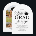 Black White Minimalist The Grad Party Photo  Kaart<br><div class="desc">Black White Minimalist Script The Grad Party Photo Invitation</div>