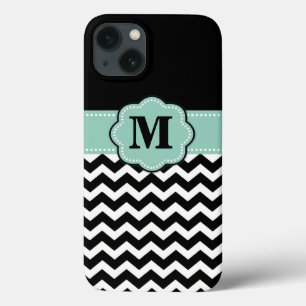 Black White Mint Green Chevron Monogram iPhone 13 Hoesje