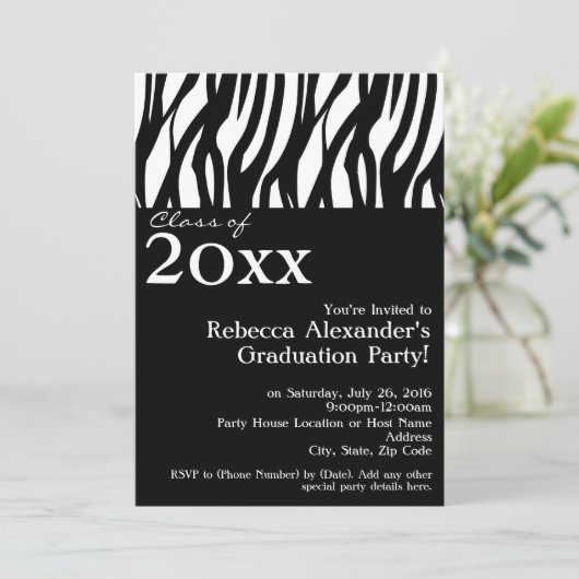 Black+White Mod Zebra Graduparty Kaart (Staand voorkant)