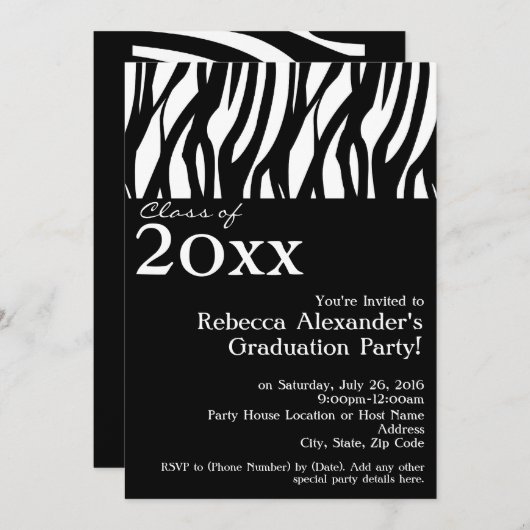 Black+White Mod Zebra Graduparty Kaart (Voorkant / Achterkant)