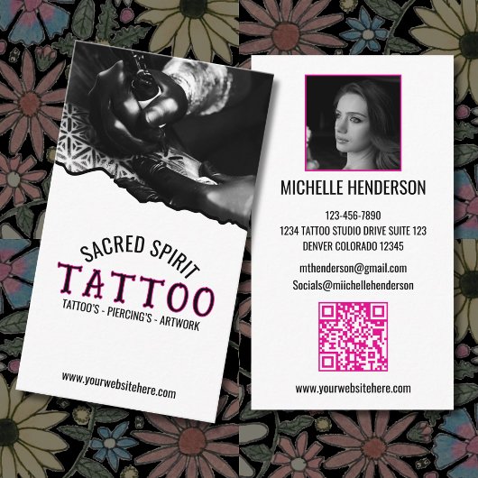 Black & White Modern 2 Photo QR Code Tattooist Visitekaartje