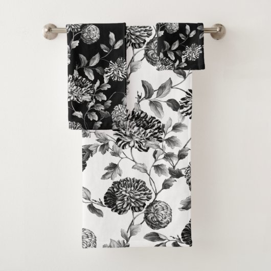 Black White Modern  Botanical Floral Toile Bad Handdoek (Insitu)