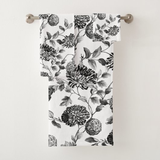 Black White Modern  Botanical Floral Toile Bad Handdoek (Insitu)