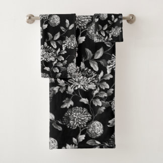 Black White Modern Botanical Floral Toile Bad Handdoek