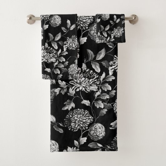 Black White Modern  Botanical Floral Toile Bad Handdoek (Insitu)