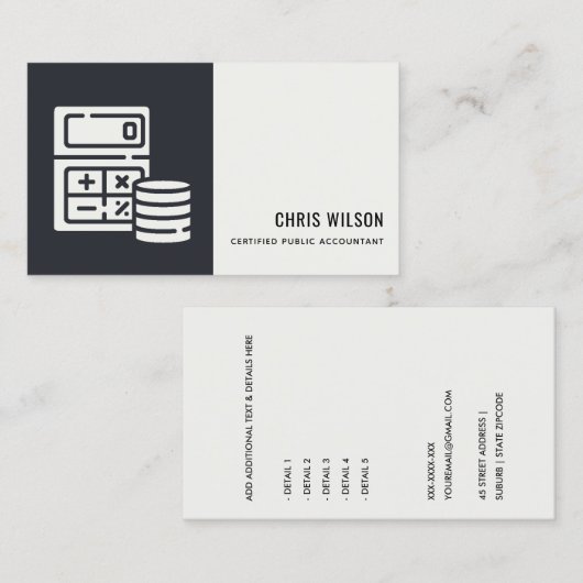 BLACK WHITE MODERN CALCULATOR COIN ACCOUNTING ICON VISITEKAARTJE (Voorkant / Achterkant)