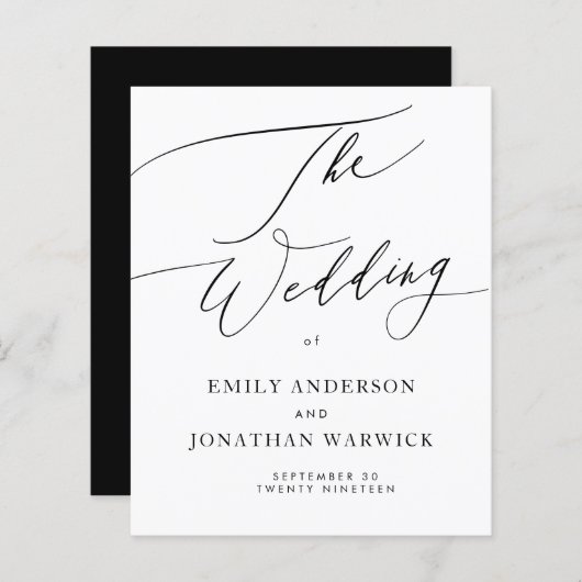Black White Modern Calligraphy Wedding Programme (Voorkant / Achterkant)