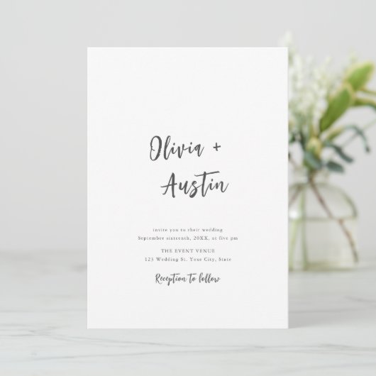 Black White Modern Chic Script Minimalist Weddensc Kaart (Staand voorkant)