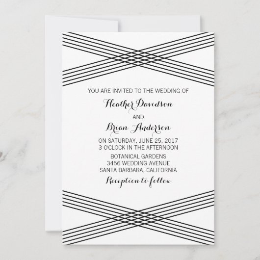 Black White Modern Deco Wedding Invite Kaart (Voorkant)