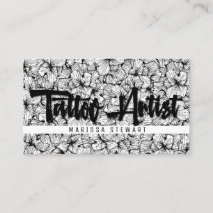 Black White Modern Drawn Flowers Tattoo Artist Visitekaartje
