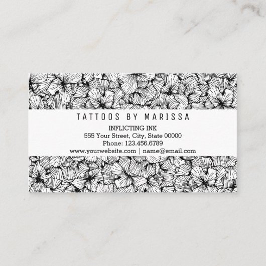 Black White Modern Drawn Flowers Tattoo Artist Visitekaartje (Achterkant)
