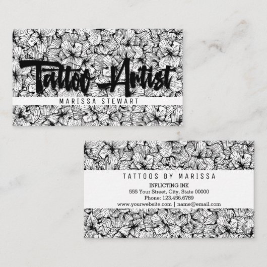 Black White Modern Drawn Flowers Tattoo Artist Visitekaartje (Voorkant / Achterkant)