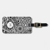 Black White Modern Floral Monogram Initial  Bagagelabel (Voorkant horizontaal)