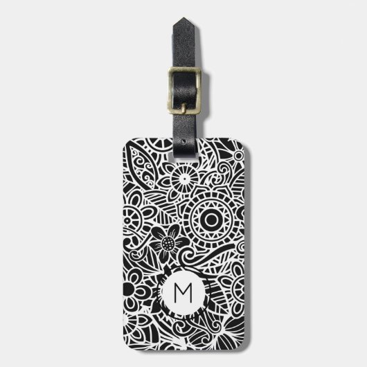 Black White Modern Floral Monogram Initial  Bagagelabel (Voorkant verticaal)