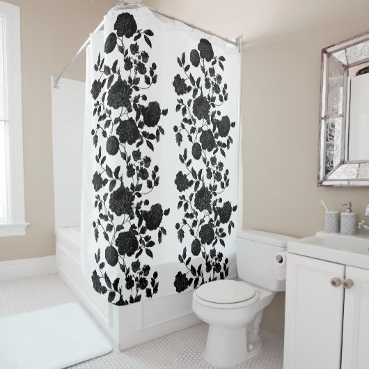 Black White Modern  Floral Toile Douchegordijn (In situ)