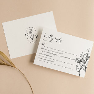 Black White Modern minimalist Wedding Elegant RSVP Kaartje