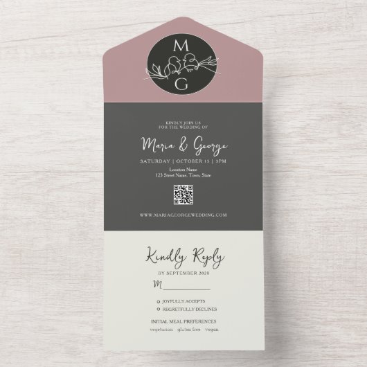 Black White Modern Monogram Weddenschap All In One Uitnodiging (Binnen)