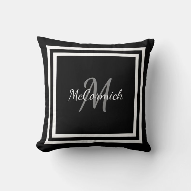 Black White Modern Monogrammed Pillow Kussen (Voorkant)