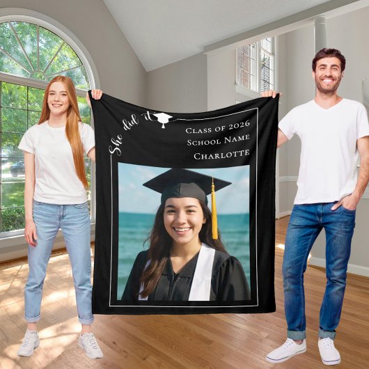 Black white modern photo Graduation she did it Fleece Deken