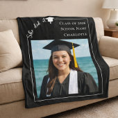 Black white modern photo Graduation she did it Fleece Deken