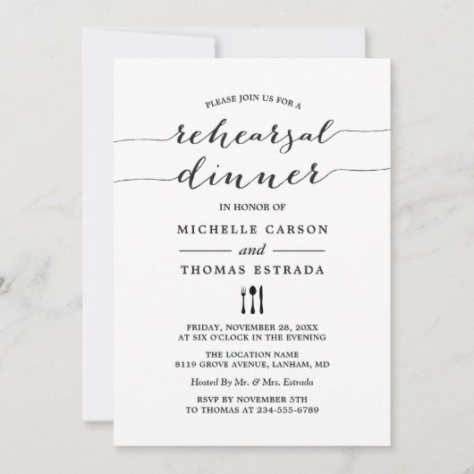 Black White Modern Script Wedding Rehearsal Dinner Kaart (Voorkant)