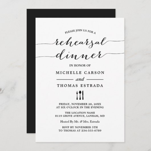Black White Modern Script Wedding Rehearsal Dinner Kaart (Voorkant / Achterkant)