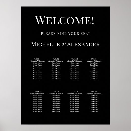 Black white modern simple wedding seating chart poster (Voorkant)