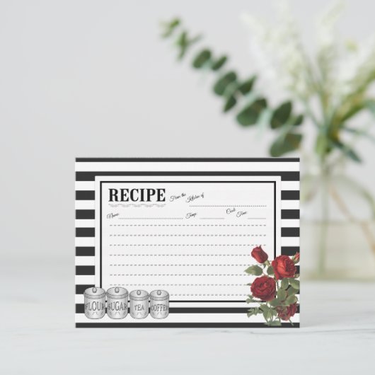 Black | White Modern Stripes Bloemen Recept Kaart (Staand voorkant)
