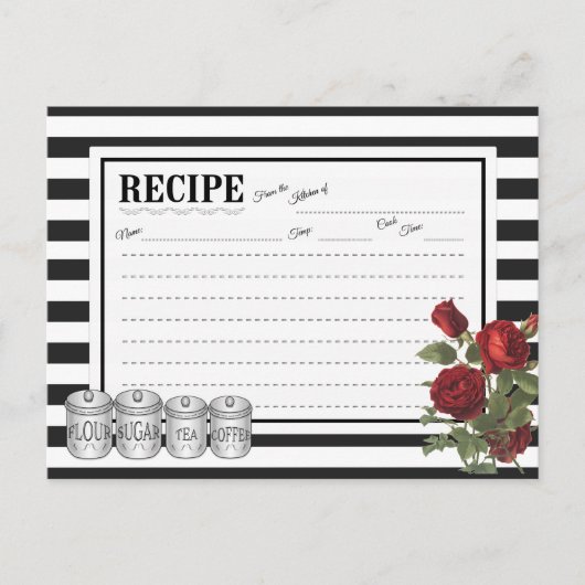 Black | White Modern Stripes Bloemen Recept Kaart (Voorkant)