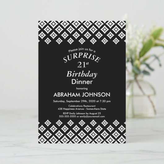 Black White Modern Surprise 21st Birthday Dinner Kaart (Staand voorkant)