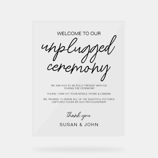 Black & White Modern Unplugged Wedding Sign  Acryl Bord (Voorkant)